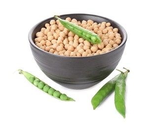 Photo of Dried peas in bowl and fresh green pods isolated on white