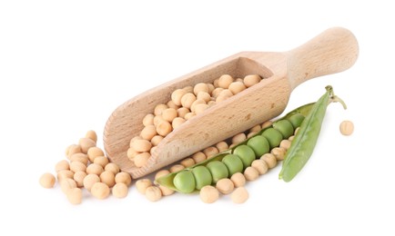 Dried peas, scoop and fresh green pod isolated on white