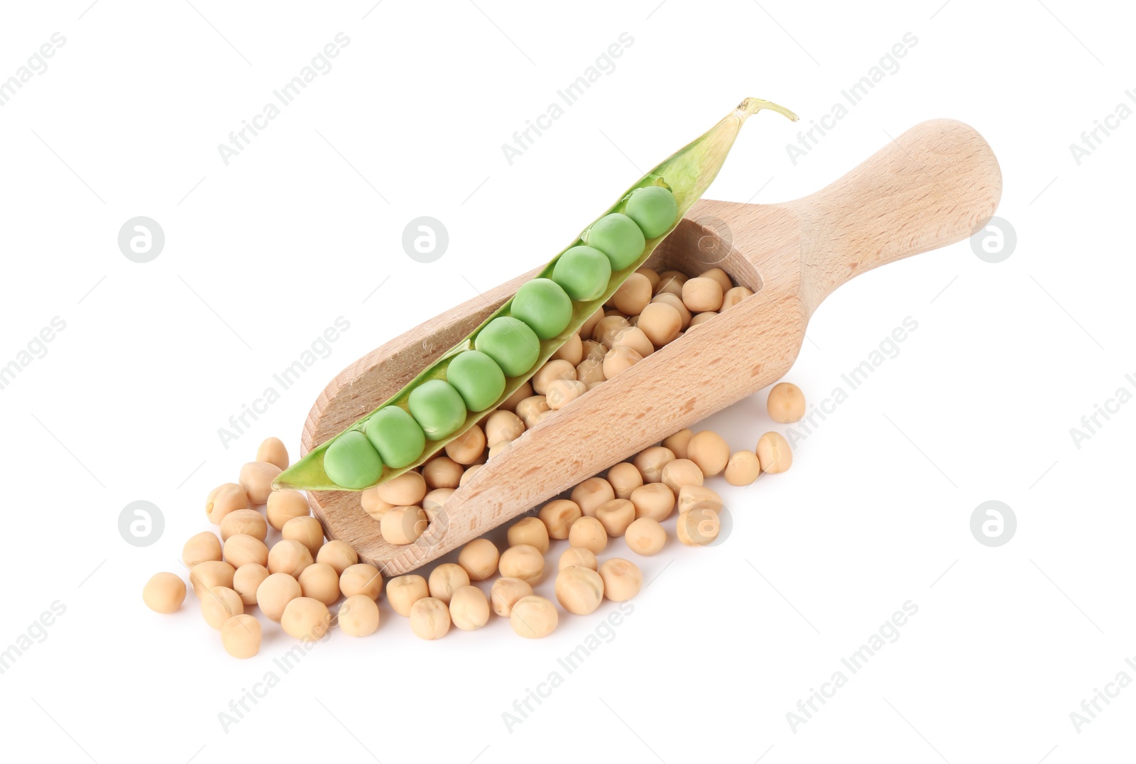 Photo of Dried peas, scoop and fresh green pod isolated on white