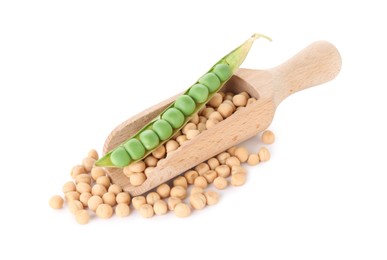 Dried peas, scoop and fresh green pod isolated on white