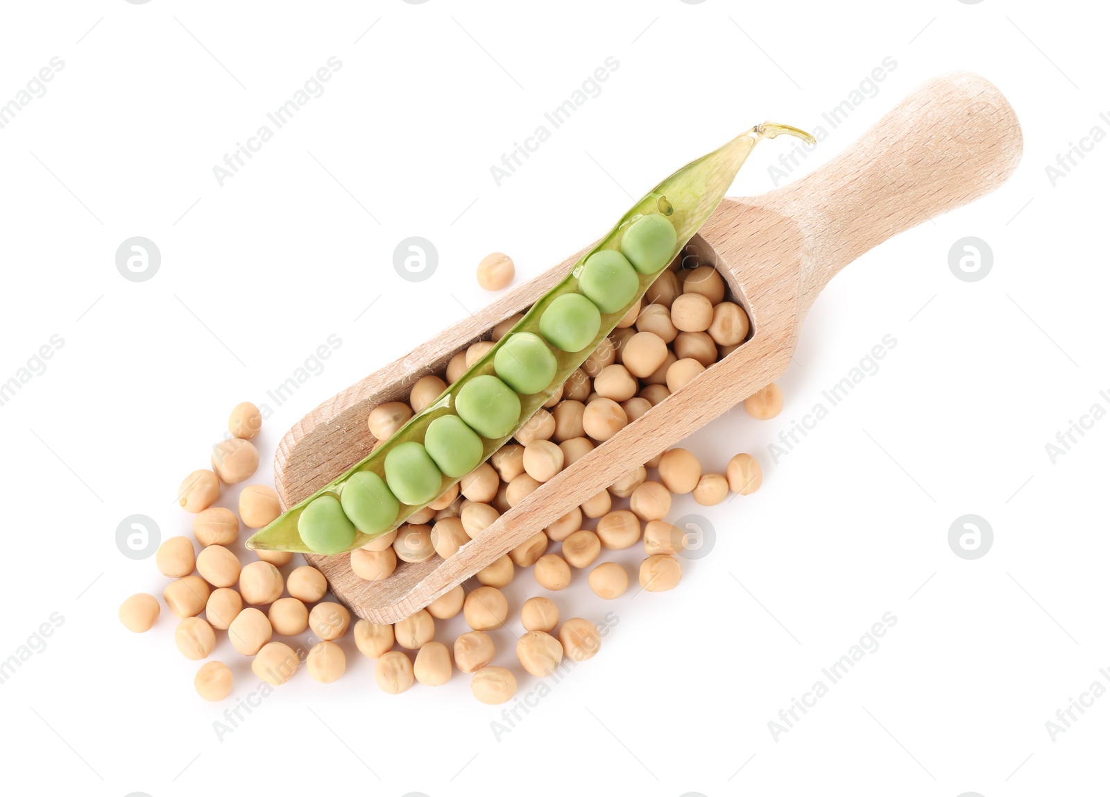 Photo of Dried peas, scoop and fresh green pod isolated on white, top view