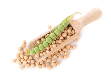 Dried peas, scoop and fresh green pod isolated on white, top view