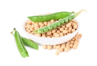 Dried peas in bowl and fresh green pods isolated on white