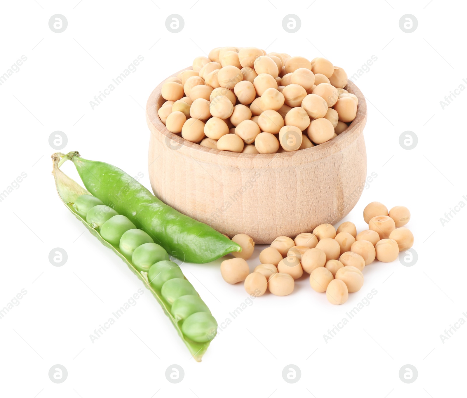 Photo of Dried peas in bowl and fresh green pods isolated on white