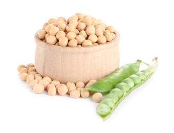 Photo of Dried peas in bowl and fresh green pods isolated on white