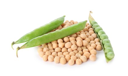 Pile of dried peas and fresh green pods isolated on white