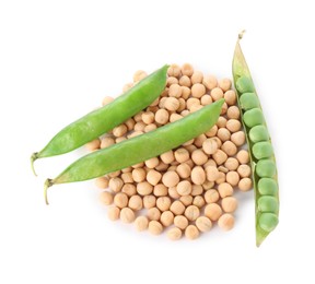 Photo of Pile of dried peas and fresh green pods isolated on white, above view