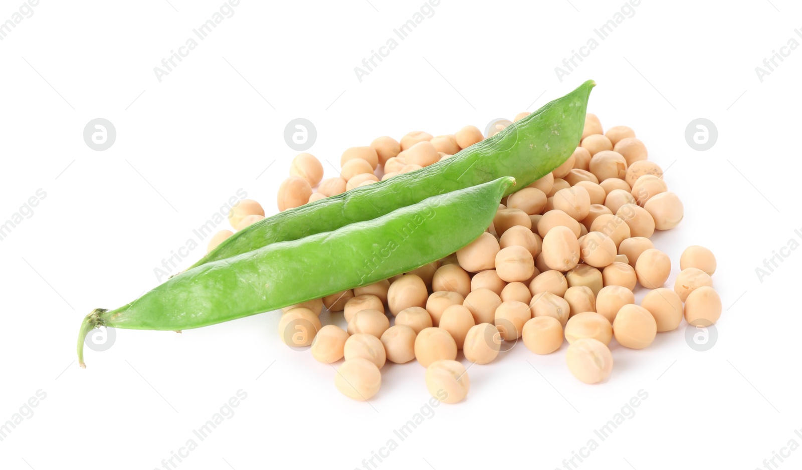 Pile of dried peas and fresh green pods isolated on white Photo of Pile of dried peas and fresh green pods isolated on white