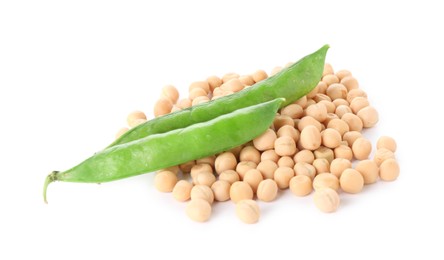 Photo of Pile of dried peas and fresh green pods isolated on white