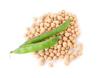 Pile of dried peas and fresh green pods isolated on white, top view