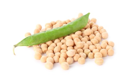 Photo of Pile of dried peas and fresh green pod isolated on white