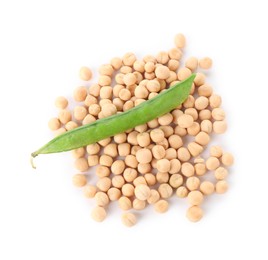 Pile of dried peas and fresh green pod isolated on white, top view