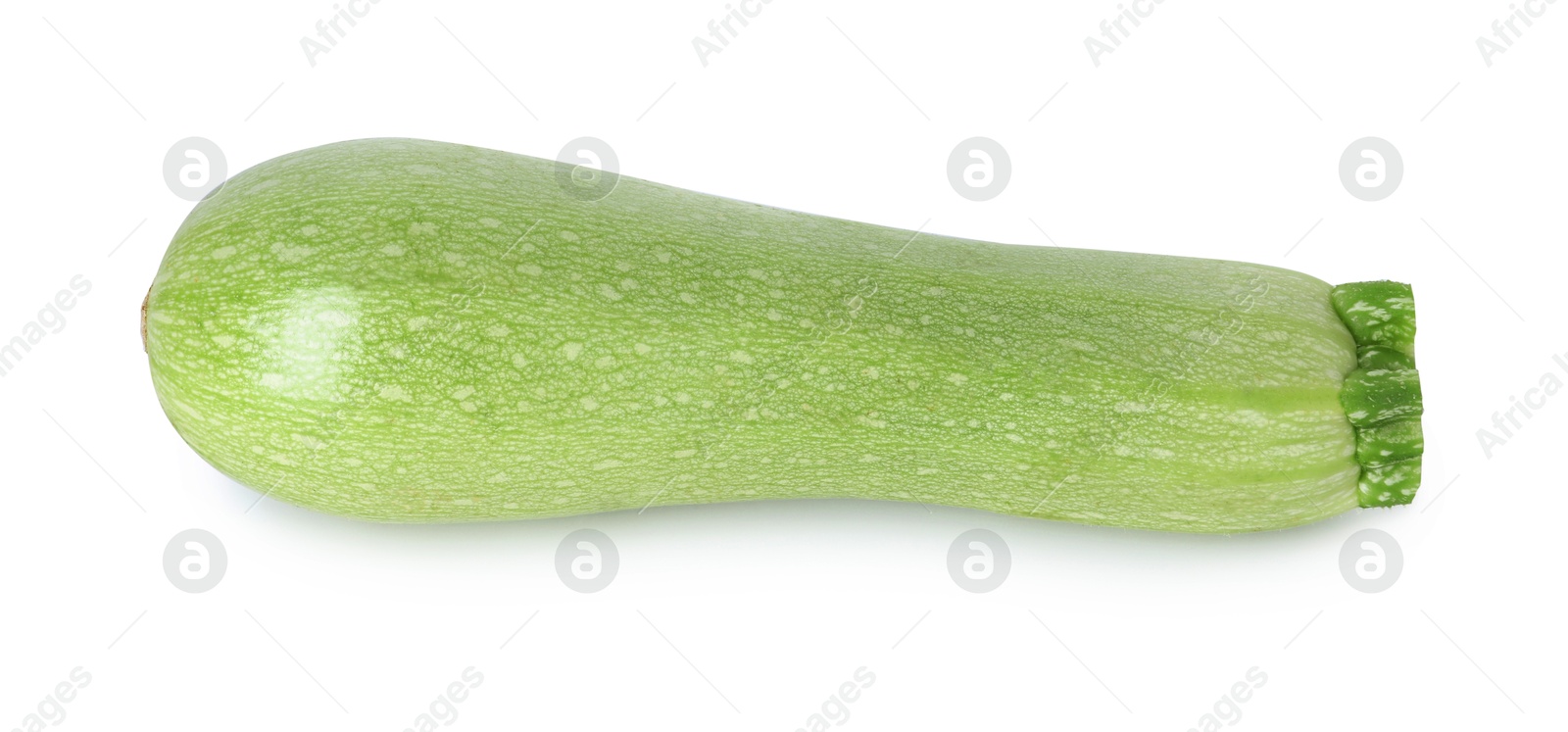 Photo of One fresh ripe zucchini isolated on white, top view