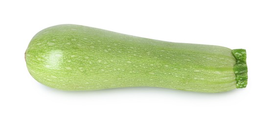 Photo of One fresh ripe zucchini isolated on white, top view