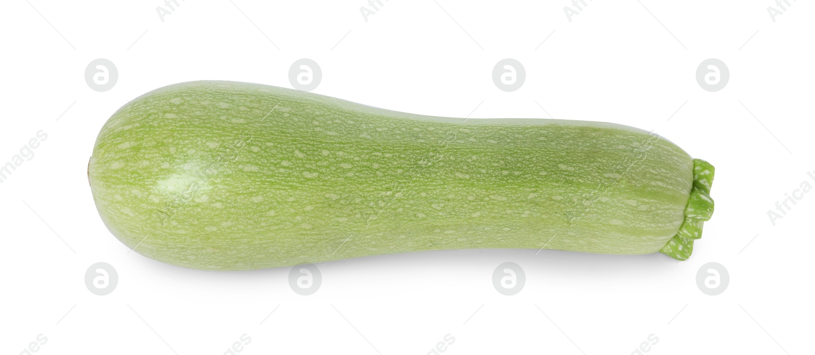 Photo of One fresh ripe zucchini isolated on white, top view