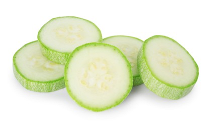 Photo of Pieces of fresh zucchini isolated on white