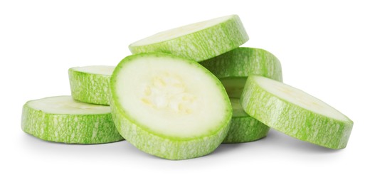 Photo of Pieces of fresh zucchini isolated on white