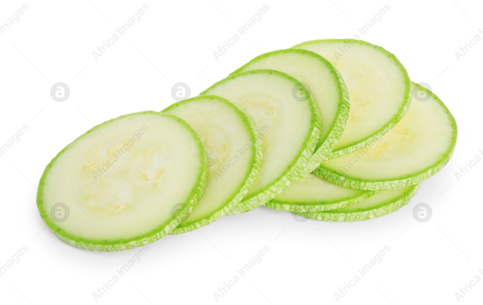 Photo of Pieces of fresh zucchini isolated on white