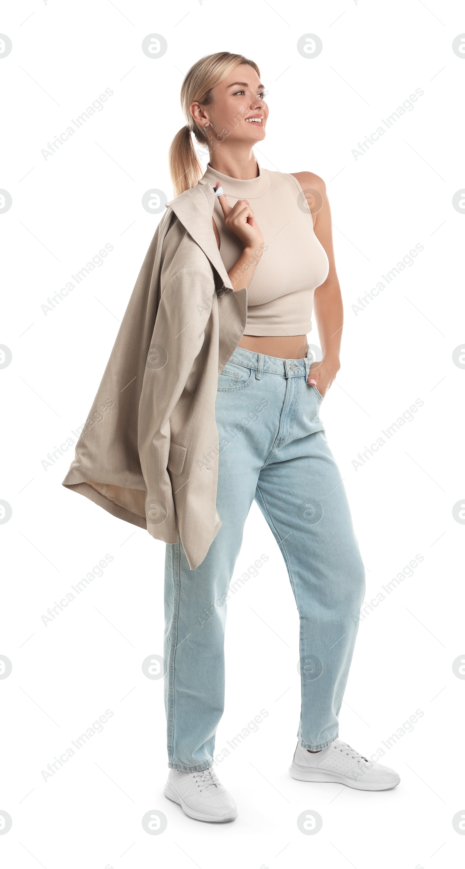 Photo of Beautiful woman with stylish jacket on white background