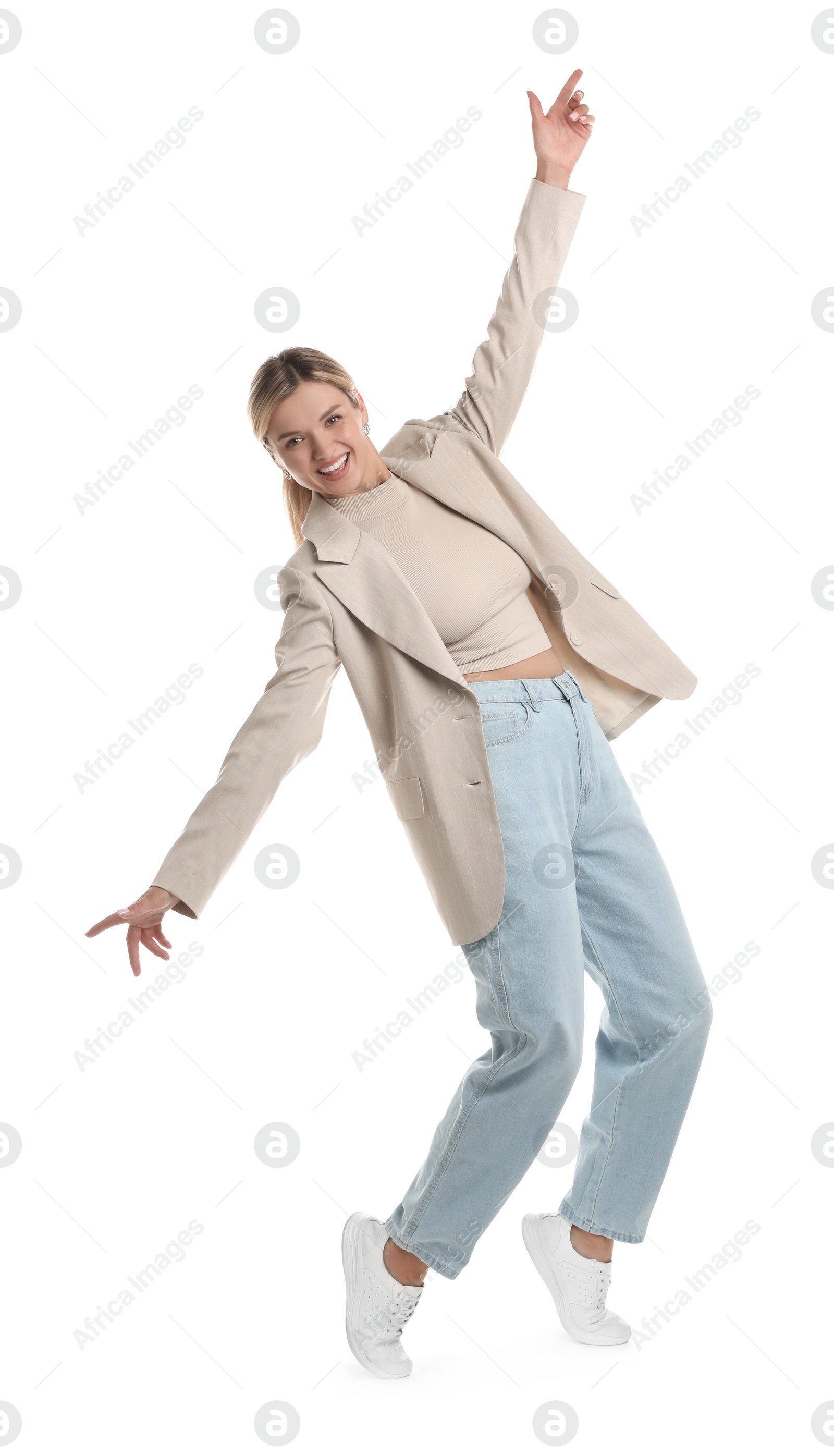 Photo of Beautiful woman in stylish jacket posing on white background