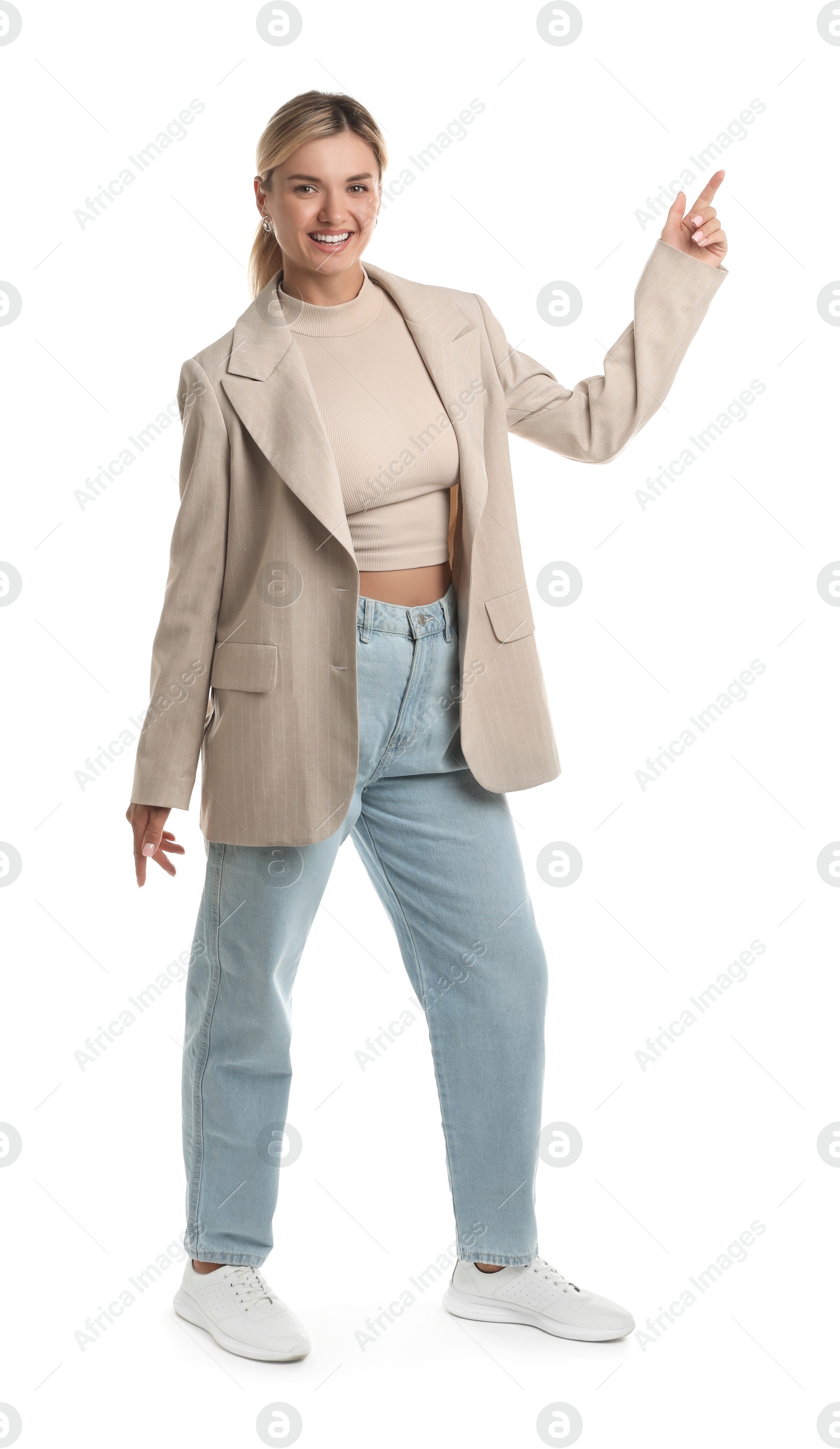 Photo of Beautiful woman in stylish jacket on white background