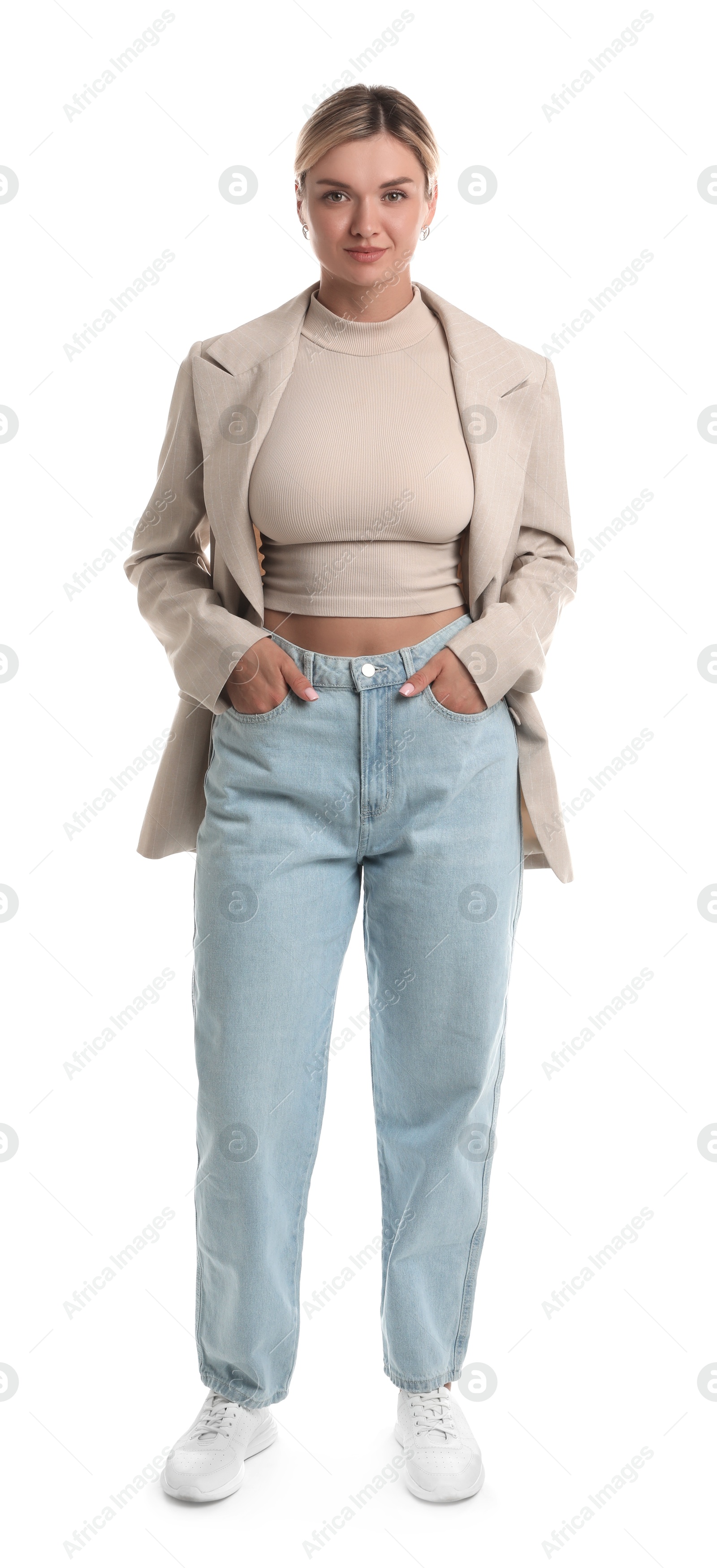 Photo of Beautiful woman in stylish jacket on white background