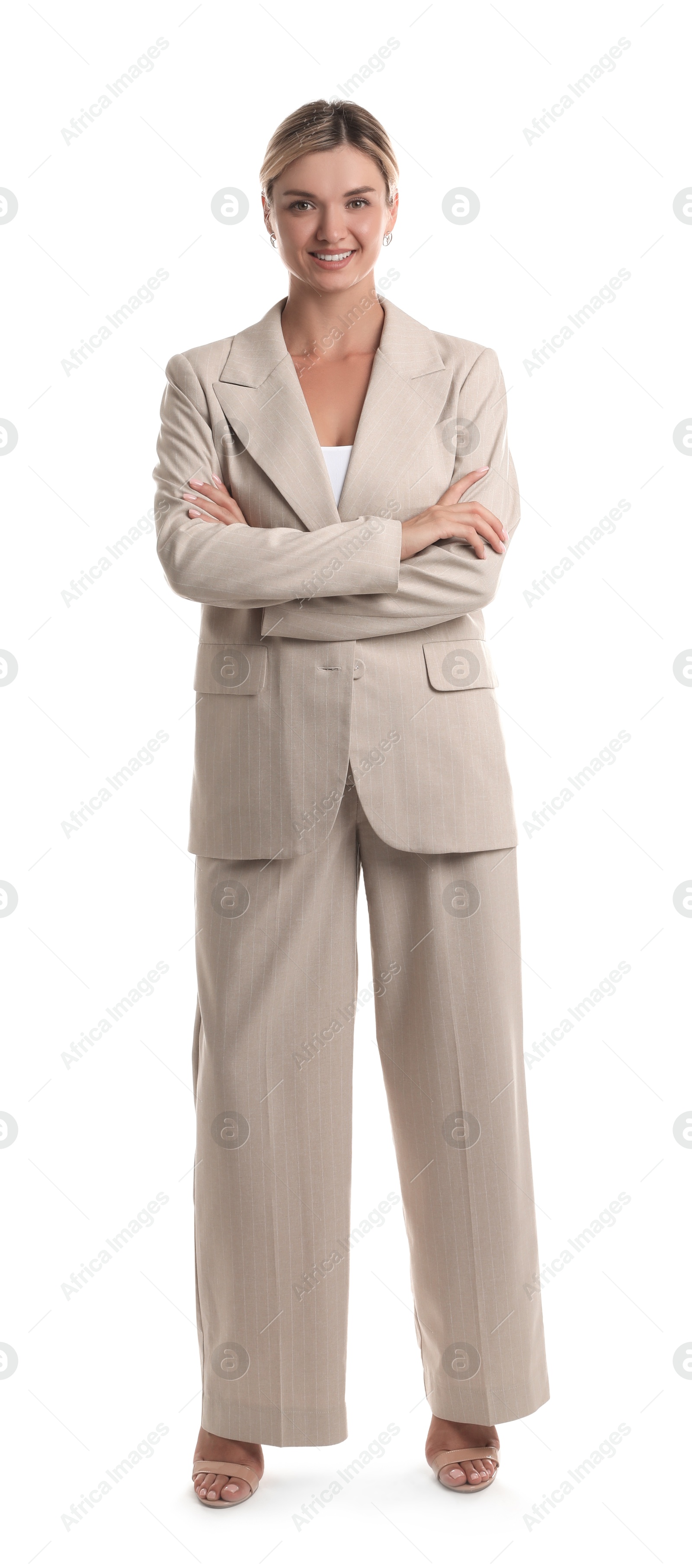 Photo of Beautiful woman in stylish suit on white background