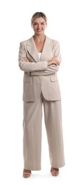 Beautiful woman in stylish suit on white background