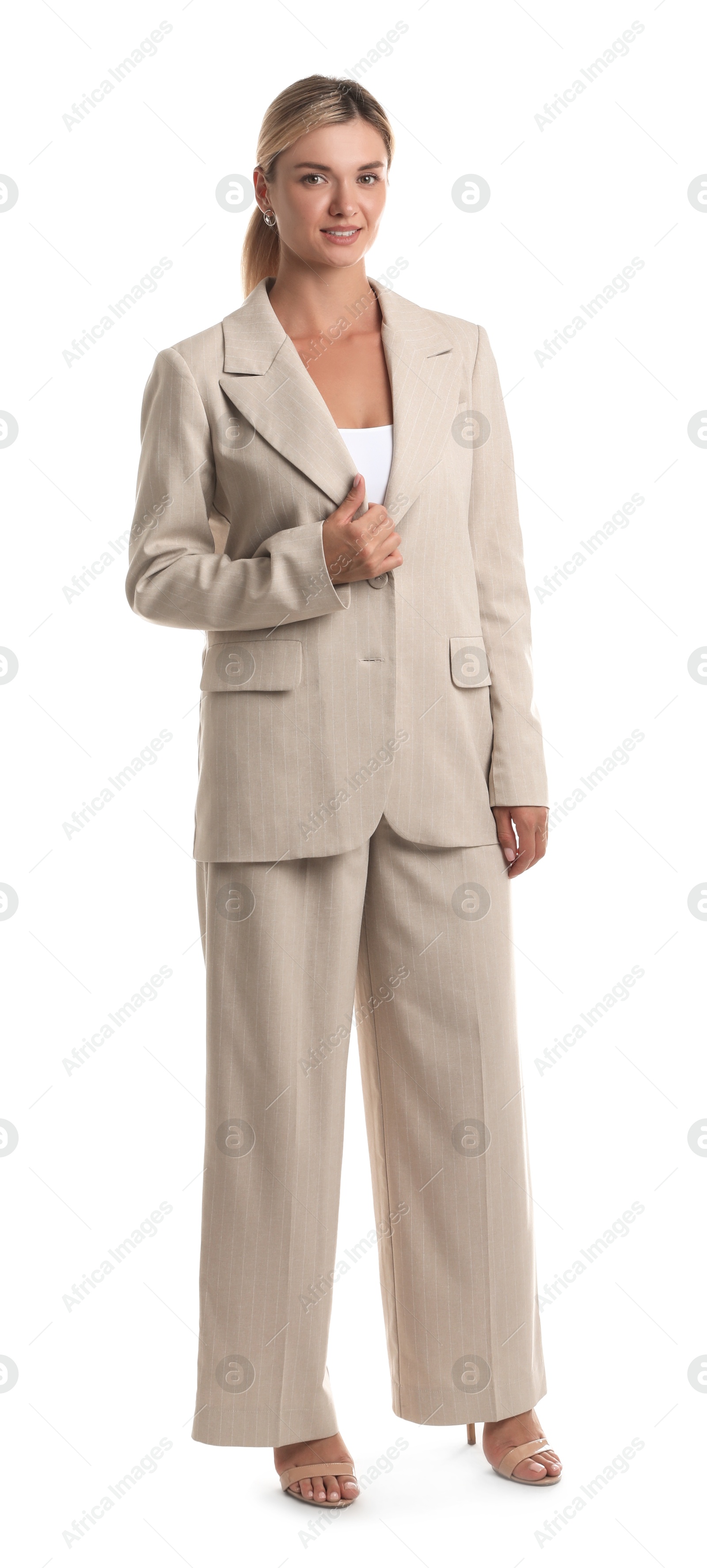 Photo of Beautiful woman in stylish suit on white background