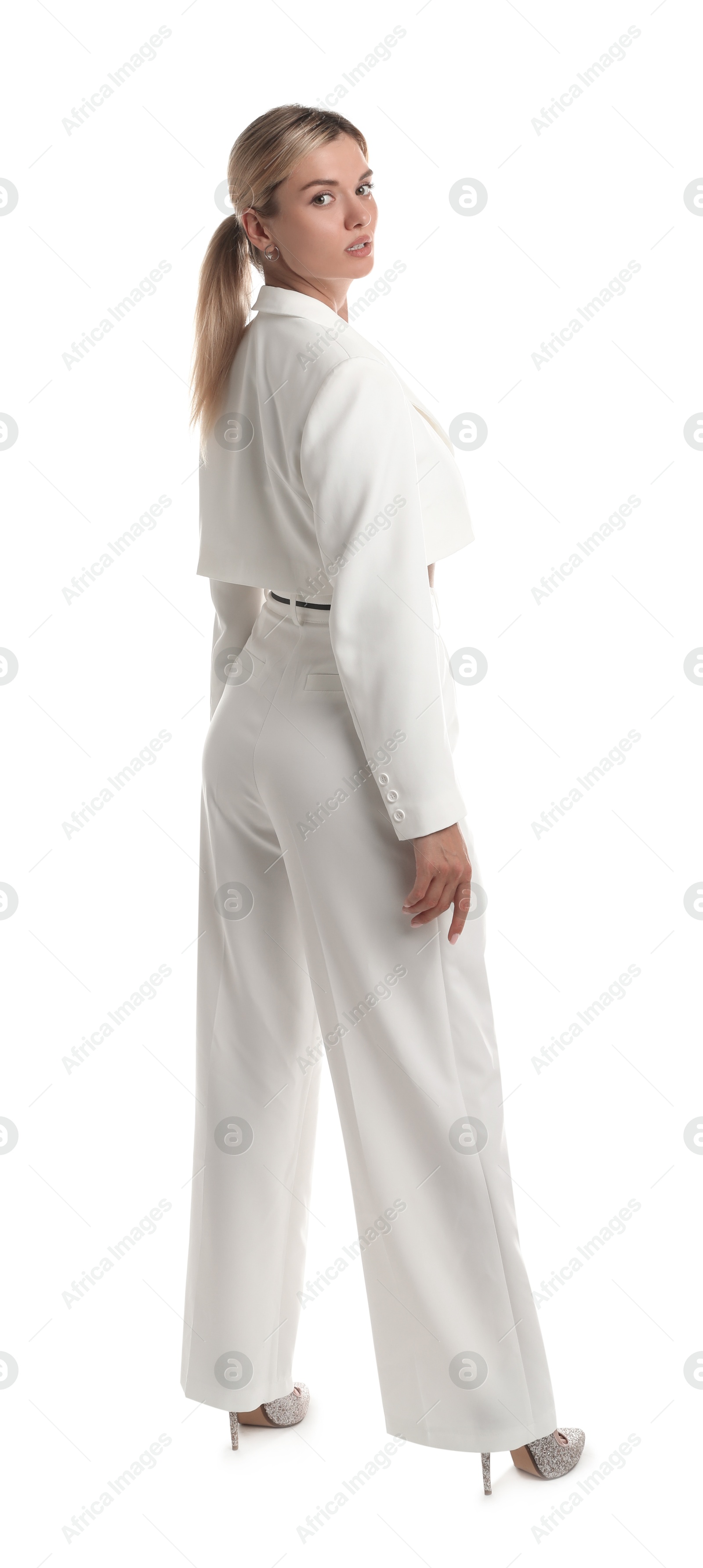 Photo of Beautiful woman in stylish suit on white background