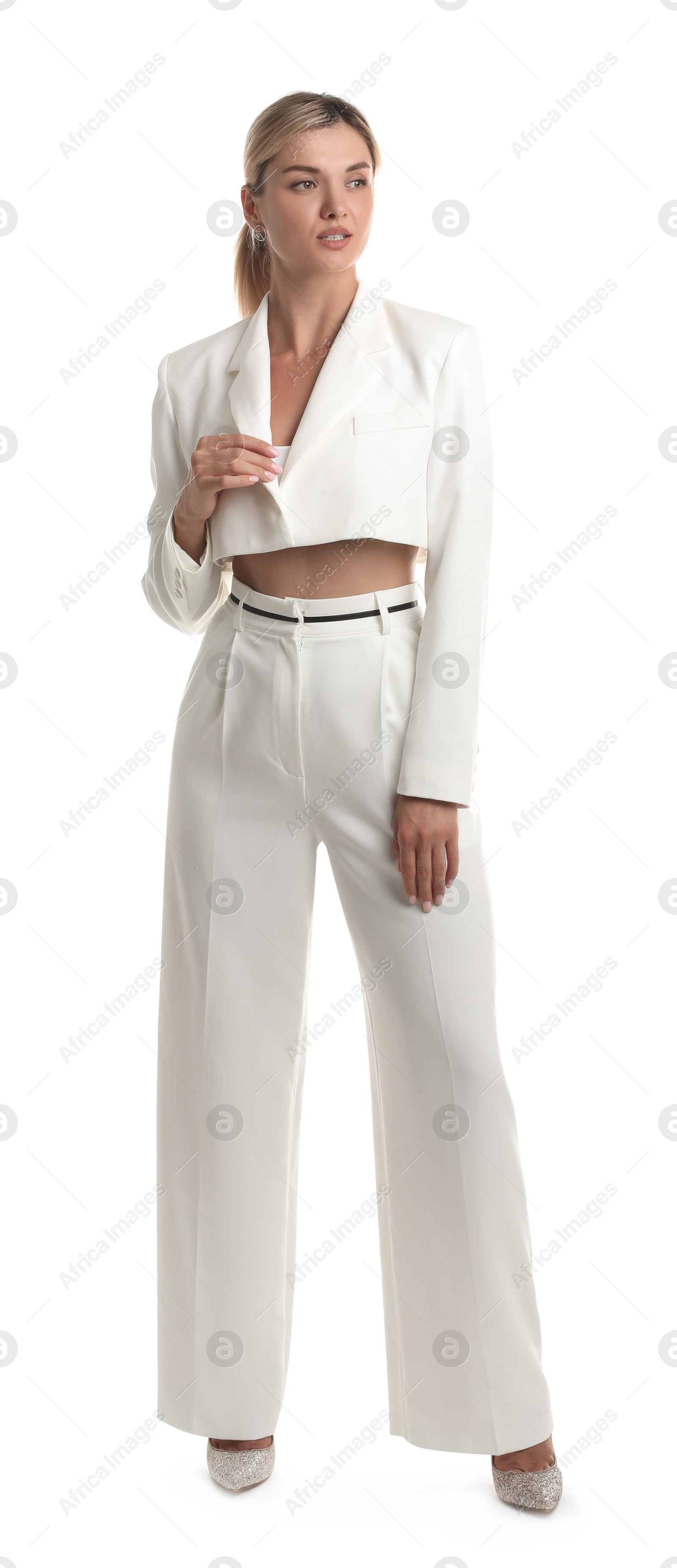 Photo of Beautiful woman in stylish suit on white background