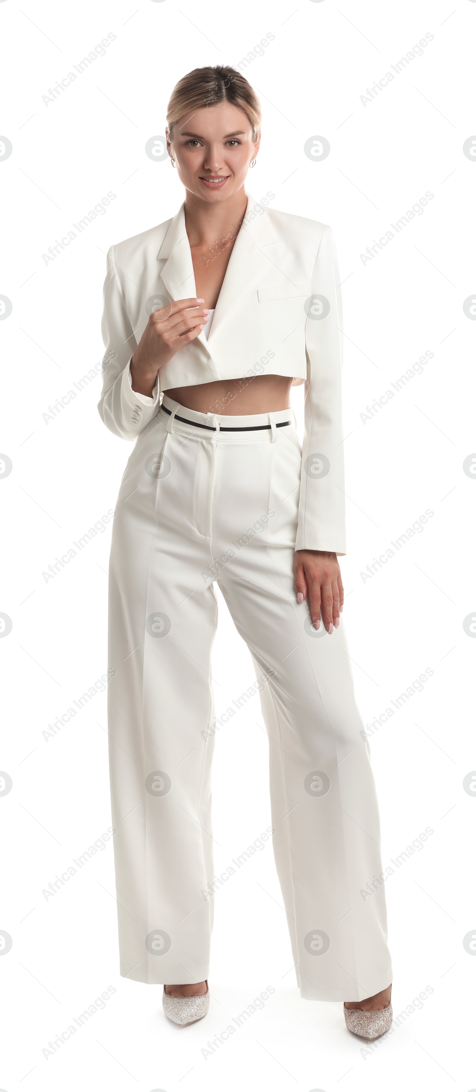 Photo of Beautiful woman in stylish suit on white background