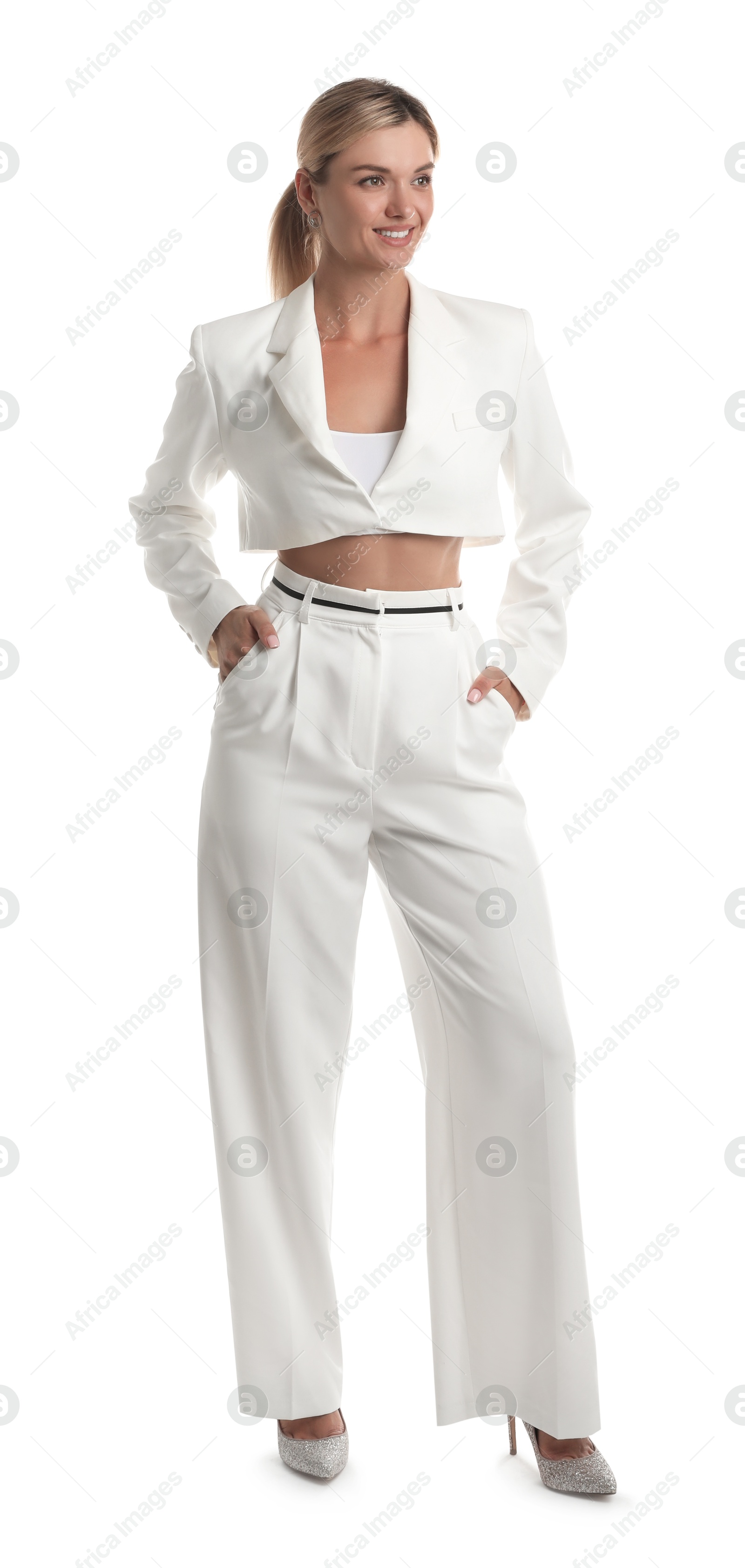 Photo of Beautiful woman in stylish suit on white background