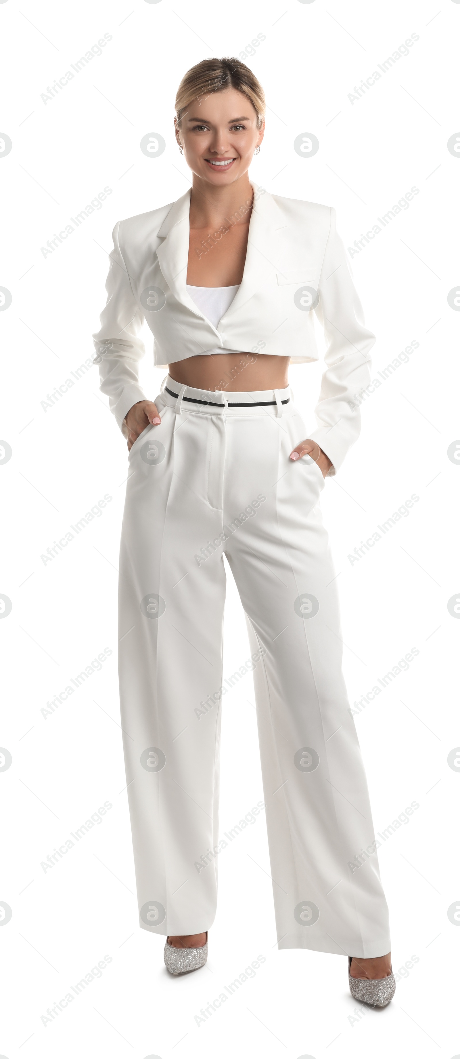 Photo of Beautiful woman in stylish suit on white background