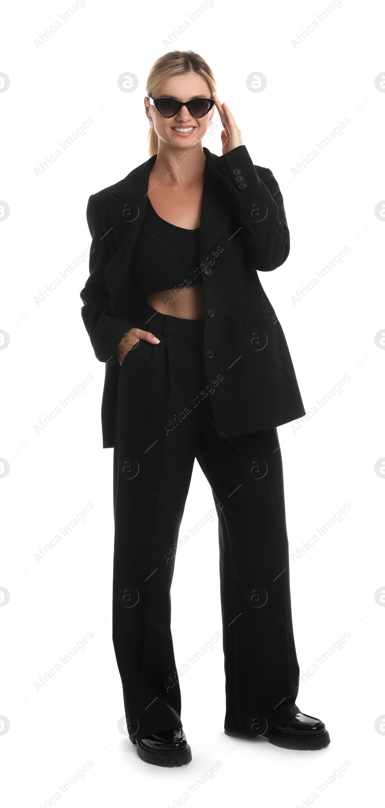 Photo of Beautiful woman in stylish suit on white background