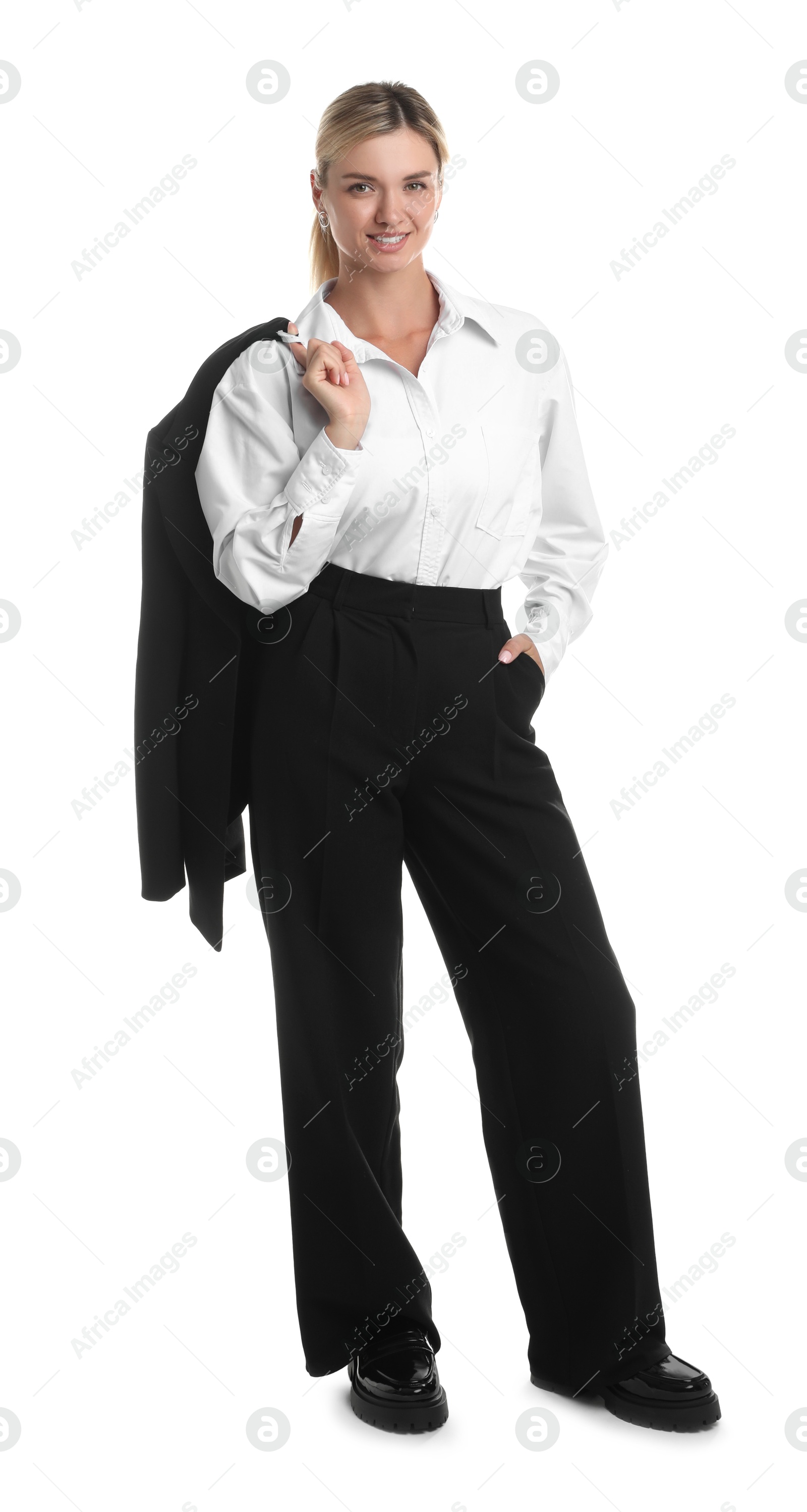 Photo of Beautiful woman in stylish suit on white background