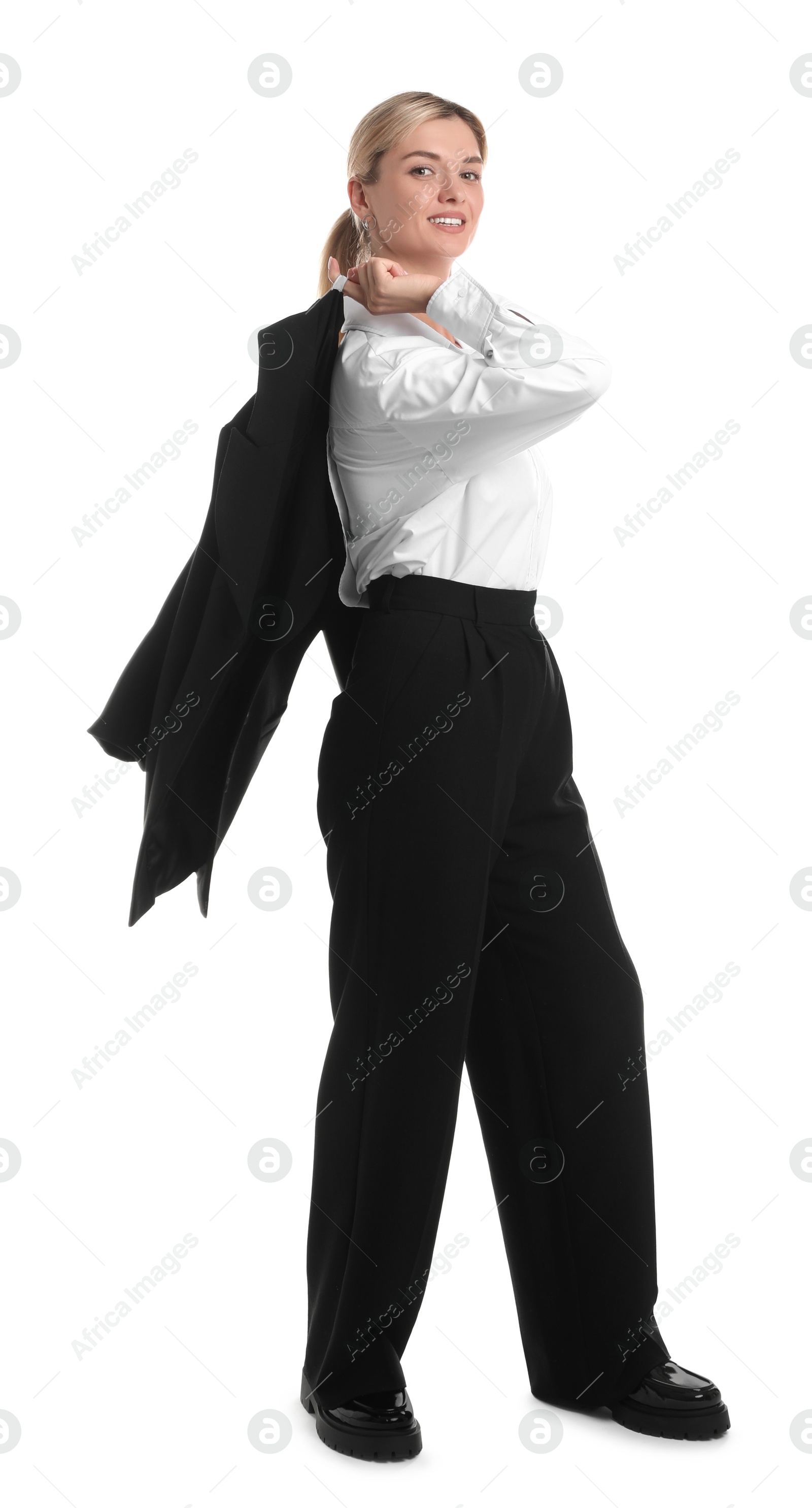 Photo of Beautiful woman in stylish suit on white background