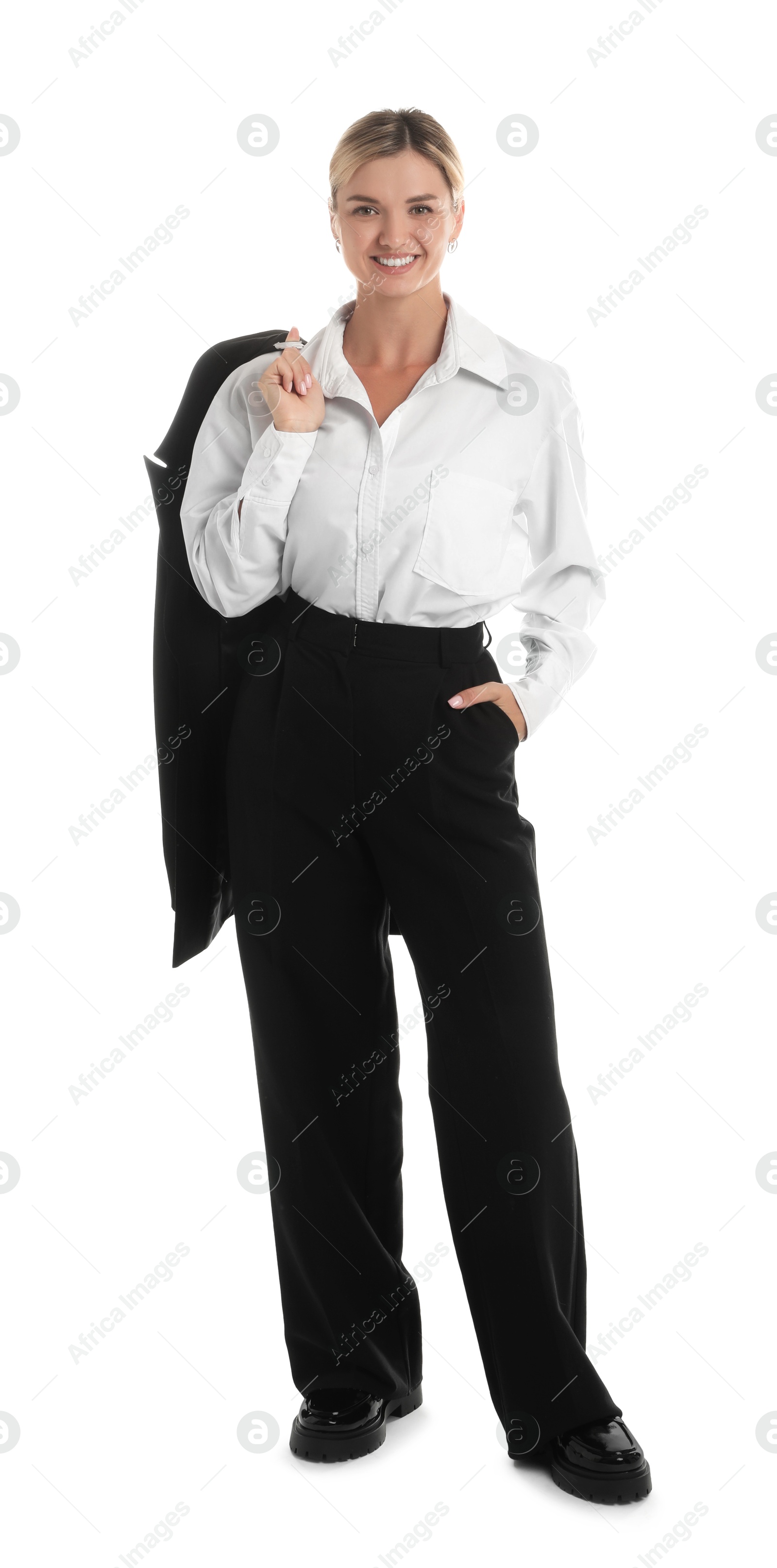 Photo of Beautiful woman in stylish suit on white background