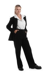 Photo of Beautiful woman in stylish black suit on white background