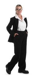 Photo of Beautiful woman in stylish black suit and glasses on white background