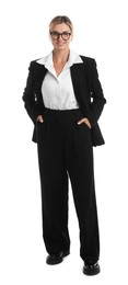 Photo of Beautiful woman in stylish black suit and glasses on white background