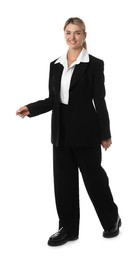 Beautiful woman in stylish black suit posing on white background