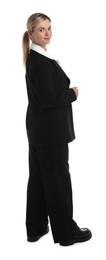 Photo of Beautiful woman in stylish black suit on white background