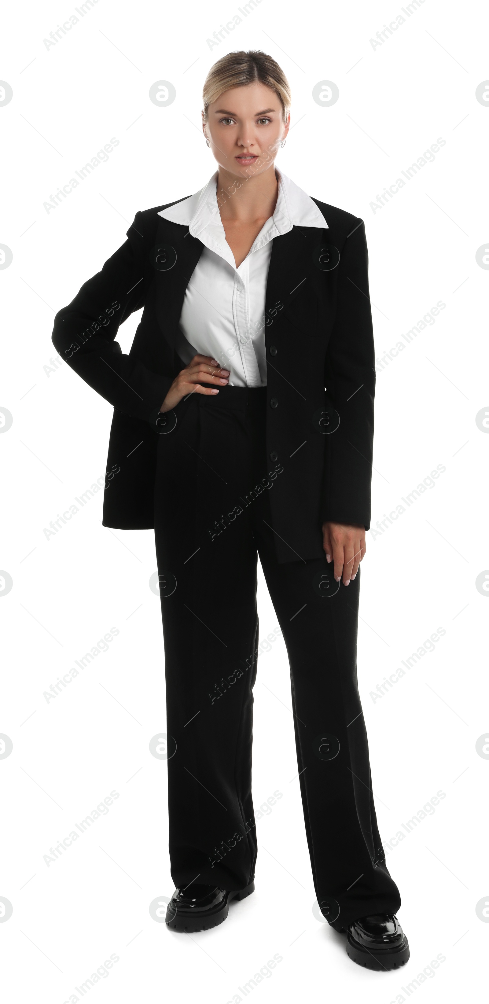 Photo of Beautiful woman in stylish black suit on white background