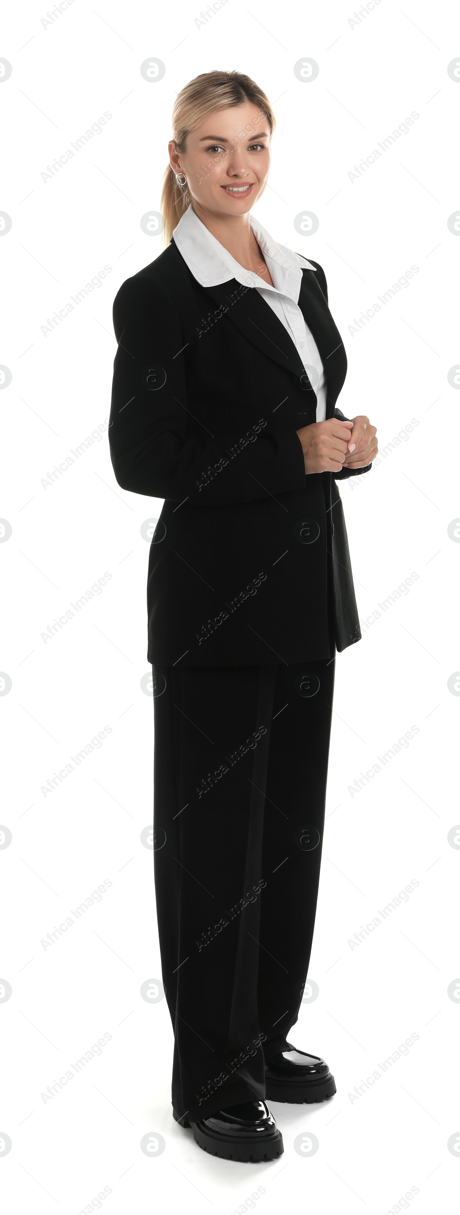 Photo of Beautiful woman in stylish black suit on white background