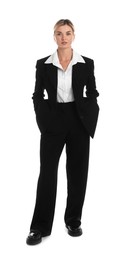 Beautiful woman in stylish black suit on white background