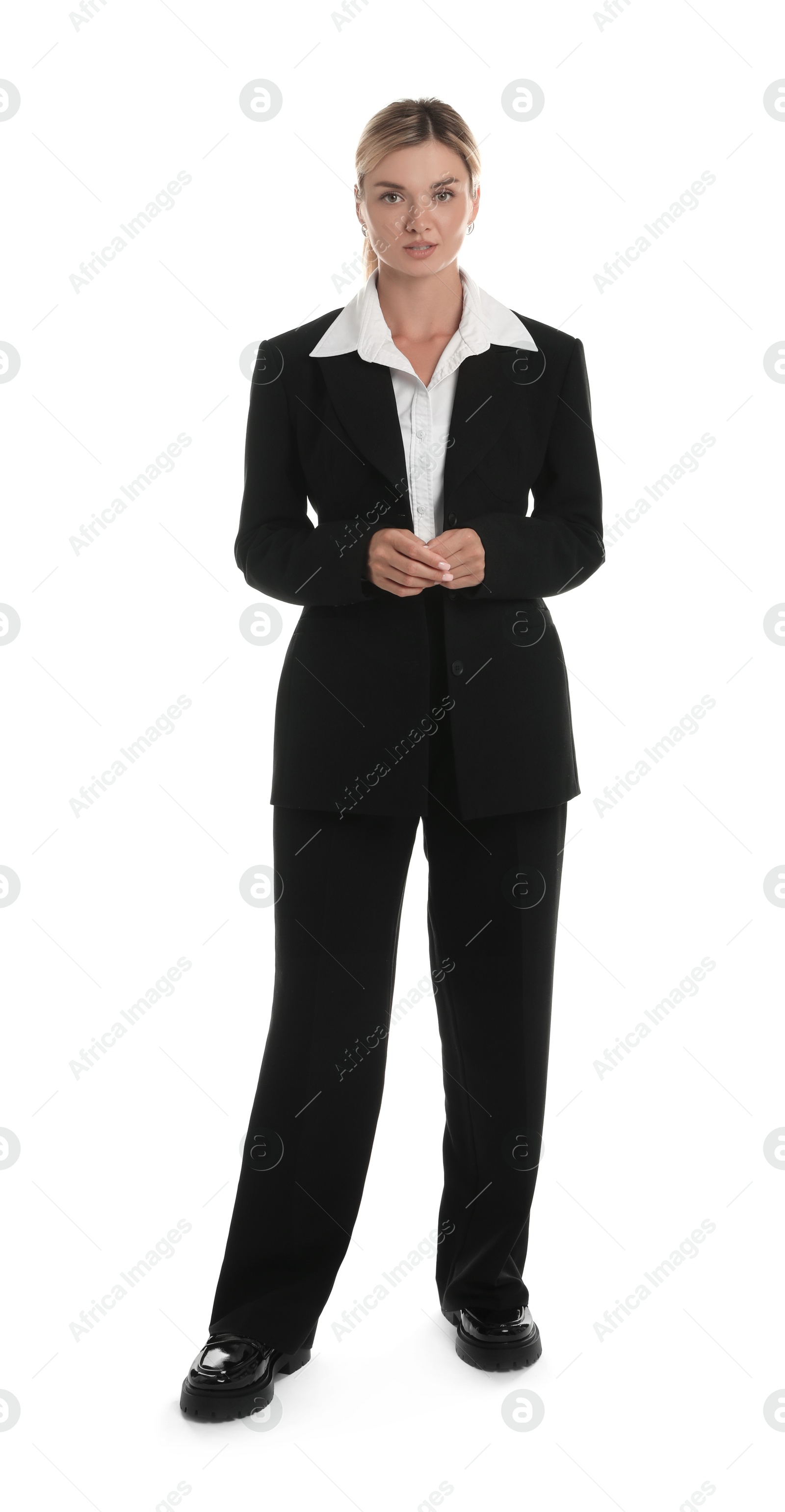 Photo of Beautiful woman in stylish black suit on white background