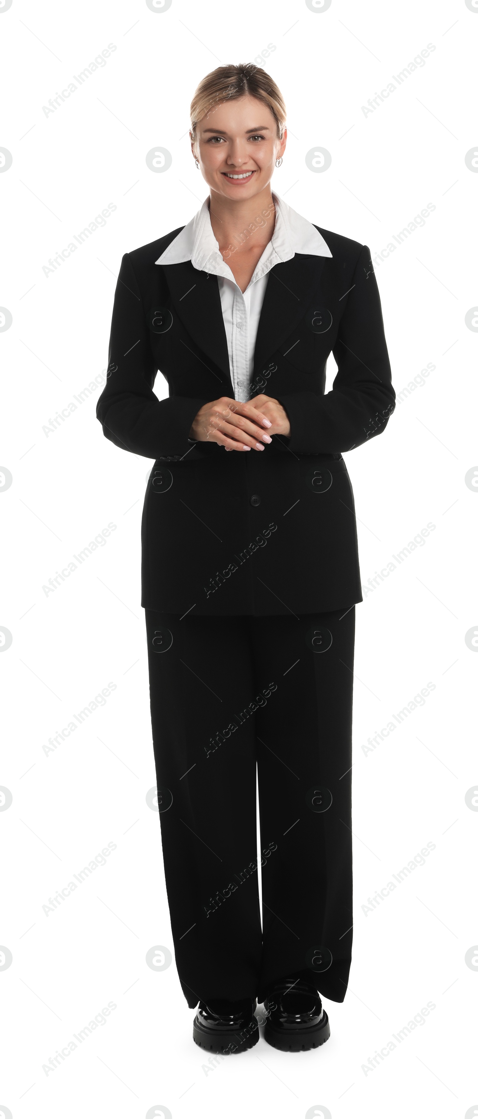 Photo of Beautiful woman in stylish black suit on white background