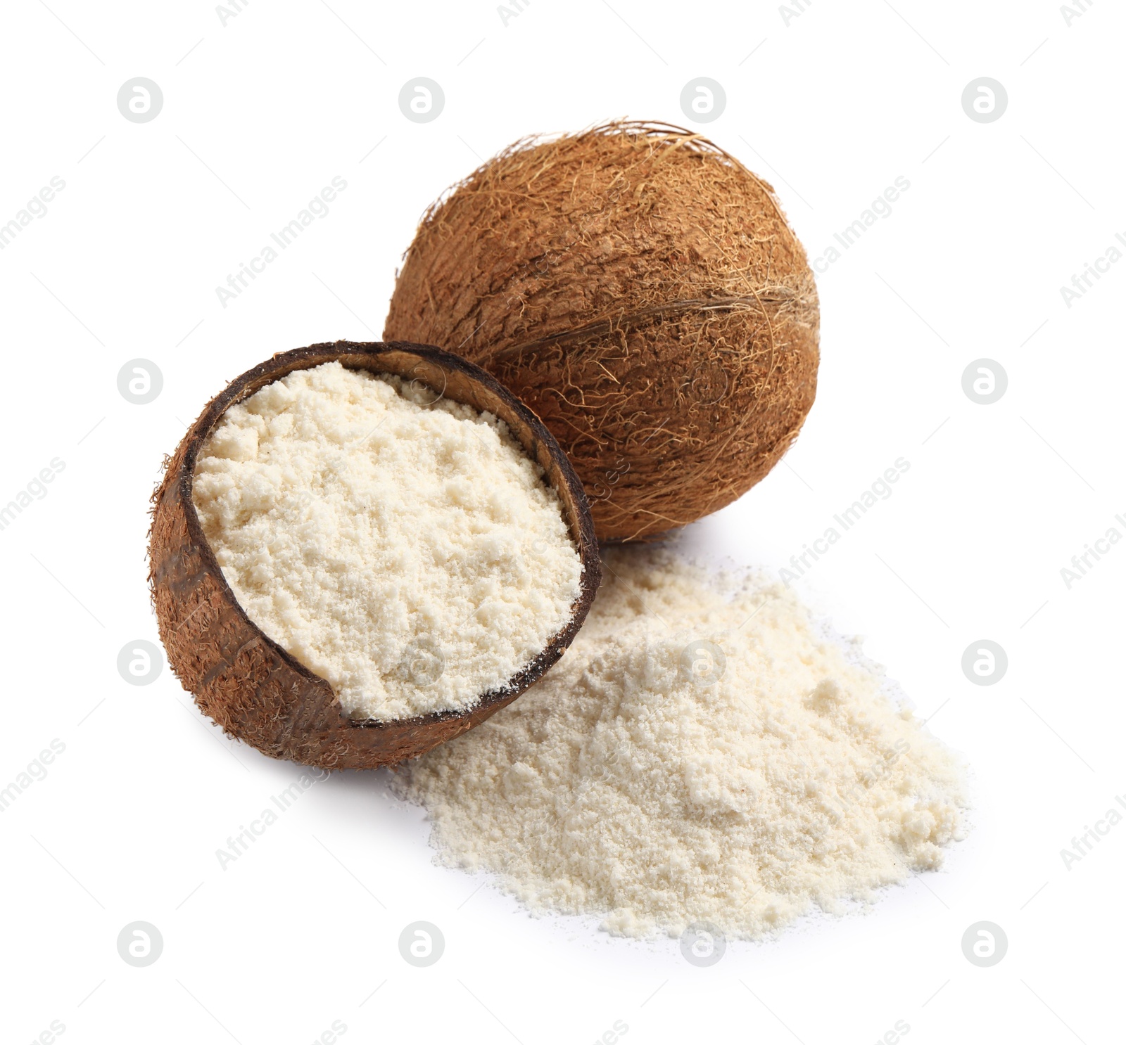 Photo of Fresh coconut flour and nuts isolated on white