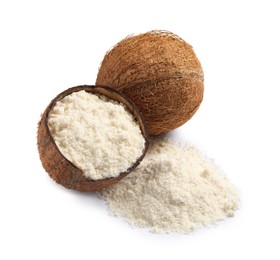 Photo of Fresh coconut flour and nuts isolated on white